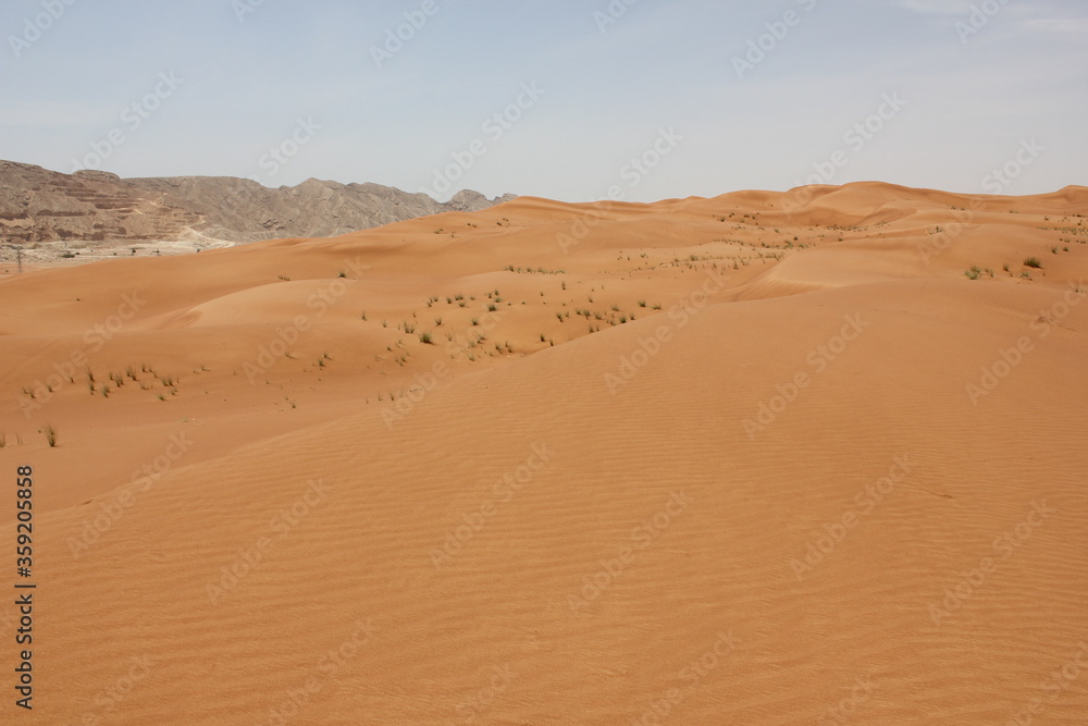 Hot and arid desert sand dunes terrain in Sharjah emirate in the United Arab Emirates. The oil-rich UAE receives less than 4 inches of rainfall a year and relies on water from desalination plants.