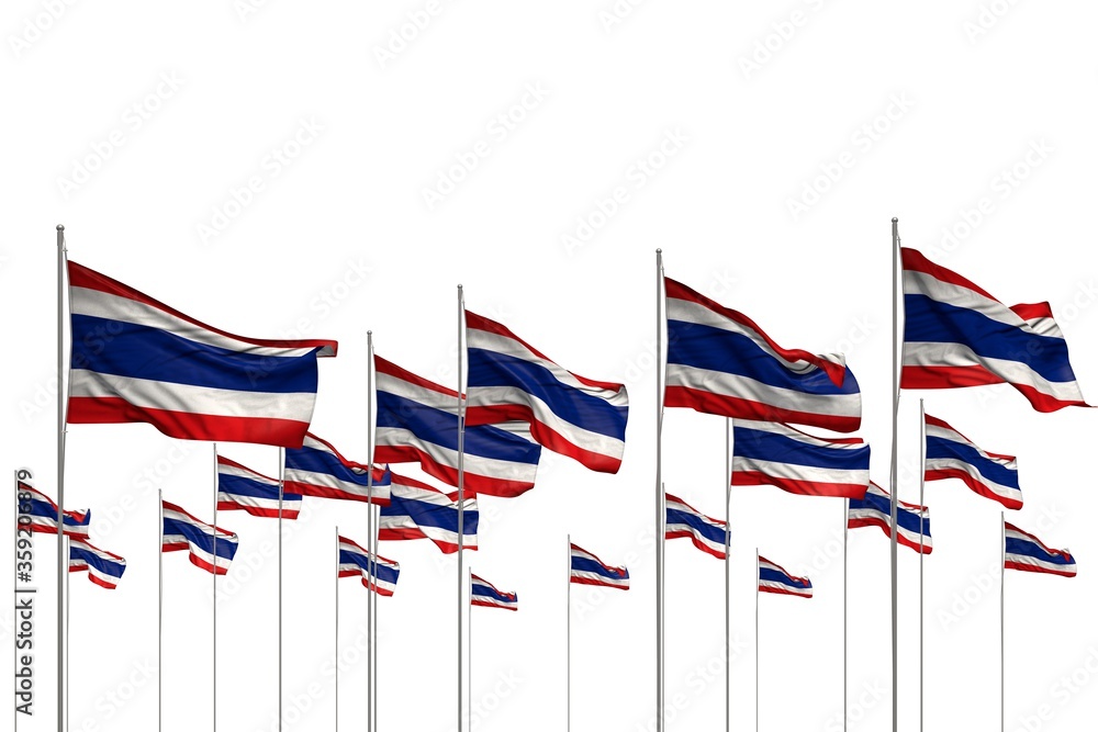 nice day of flag 3d illustration. - many Thailand flags in a row isolated on white with empty place for content nice day of flag 3d illustration. - many Thailand flags in a row isolated on white with empty place for content