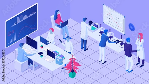 Scientists in laboratory isometric illustration. Employees conduct scientific experiment create vaccine coronovirus screen infographic DNA tests microbiological microscopy vector tissue samples.
