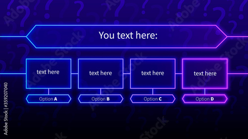 Neon quiz template. Stylish game contest with choice of right answer in neon glowing banner frame fun vector knowledge tournament information show I want to know everything.