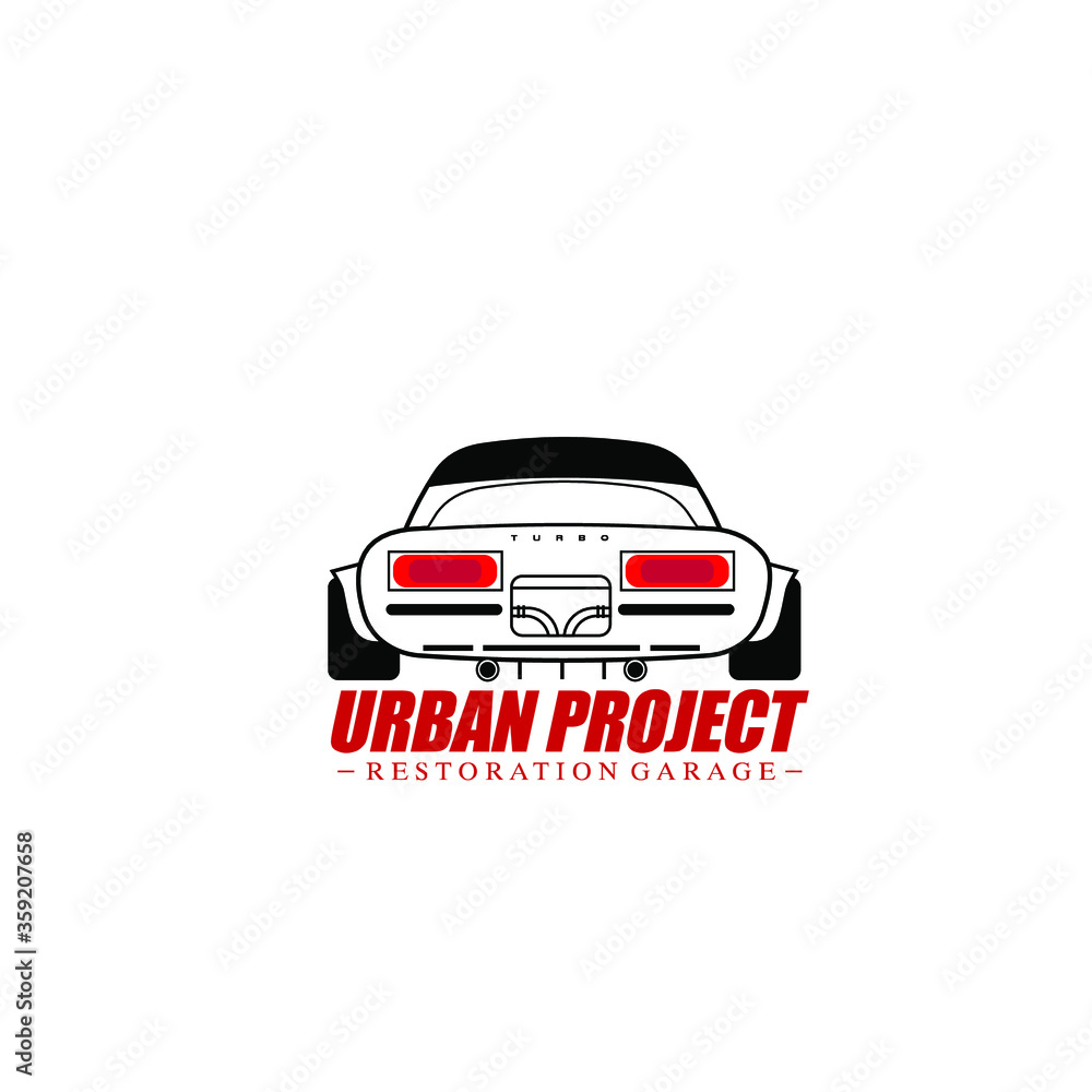 Vector illustration of sports car line art with text isolated on white background perfect for auto detailing logo or car garage logo 
