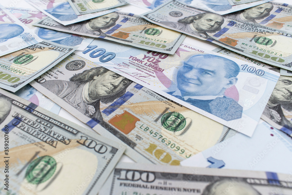 Turkish lira and American dollar background Turkish lira and American dollar background