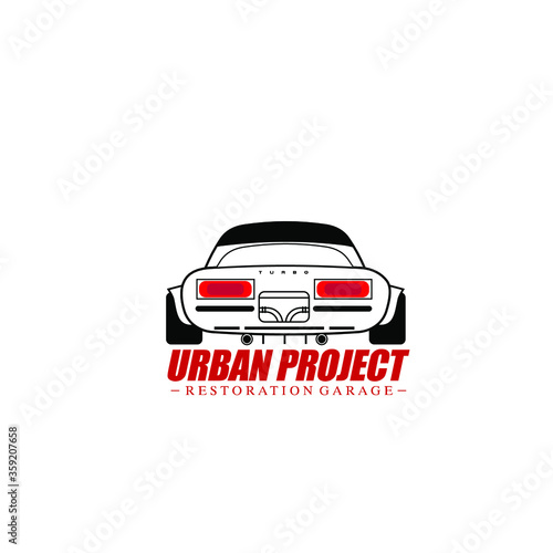 Vector illustration of sports car line art with text isolated on white background perfect for auto detailing logo or car garage logo 