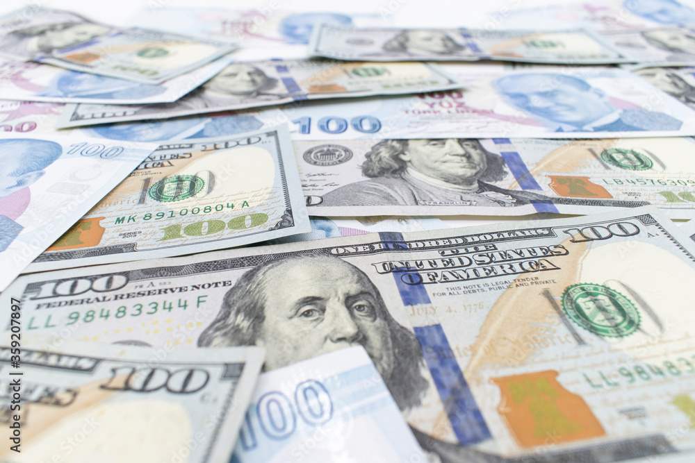 Turkish lira and American dollar background Turkish lira and American dollar background