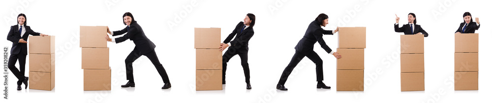 Funny man with boxes on white Funny man with boxes on white