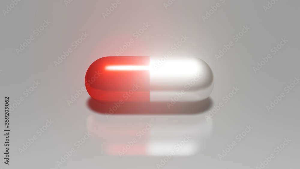 The image was created with a three-dimensional program the medicine capsules with red and white color place on a silver background The image was created with a three-dimensional program the medicine capsules with red and white color place on a silver background