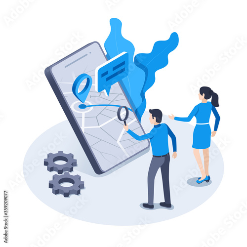 isometric vector image on a white background, a man in business clothes with a magnifying glass and woman looks at a map on a smartphone screen, location and geolocation