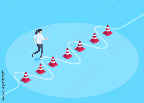 isometric vector image on a blue background, a woman runs along a given trajectory between road chips, business training