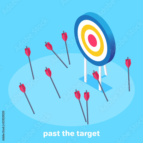isometric vector image on a blue background, target and arrows not falling into it, past the target