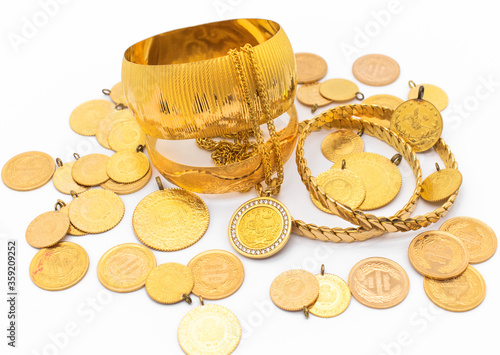 Turkish gold coins. Turkish gold bracelet and necklace.  Turkish quarter gold. Turkish full, half, quarter, republic and resat gold