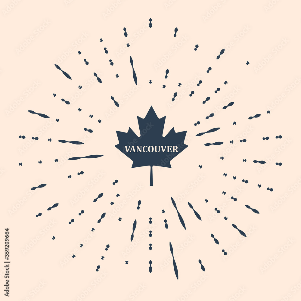 Obraz premium Black Canadian maple leaf with city name Vancouver icon isolated on beige background. Abstract circle random dots. Vector Illustration.
