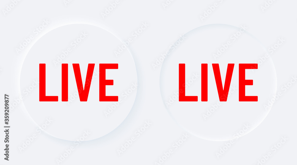 Red live. Bright white gradient circle buttons. Internet symbol broadcasting, online stream on a background. Neumorphic effect streaming icon Red live. Bright white gradient circle buttons. Internet symbol broadcasting, online stream on a background. Neumorphic effect streaming icon