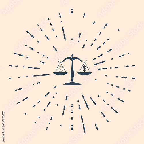 Black Scale weighing money and time icon isolated on beige background. Scales with hours and a coin. Balance between work and the given time. Abstract circle random dots. Vector Illustration.