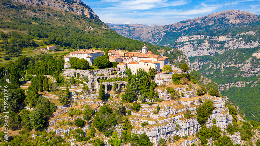 View of mountain top village Gourdon in Provence, France.
