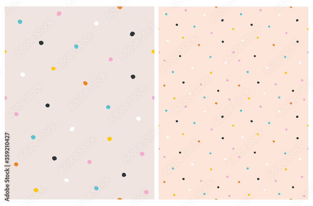 Cute Hand Drawn Abstract Irregular Polka Dots Vector Pattern Set. Colorful Tiny Brush Dots Isolated on a Salmon Pink Background. Simple Bright Dotted Vector Print. Cute Hand Drawn Abstract Irregular Polka Dots Vector Pattern Set. Colorful Tiny Brush Dots Isolated on a Salmon Pink Background. Simple Bright Dotted Vector Print.