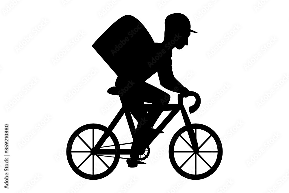 A silhouette of a man in a cap who rides a bicycle. Delivery service worker with backpack isolated on a white background. Flat vector illustration. A silhouette of a man in a cap who rides a bicycle. Delivery service worker with backpack isolated on a white background. Flat vector illustration.