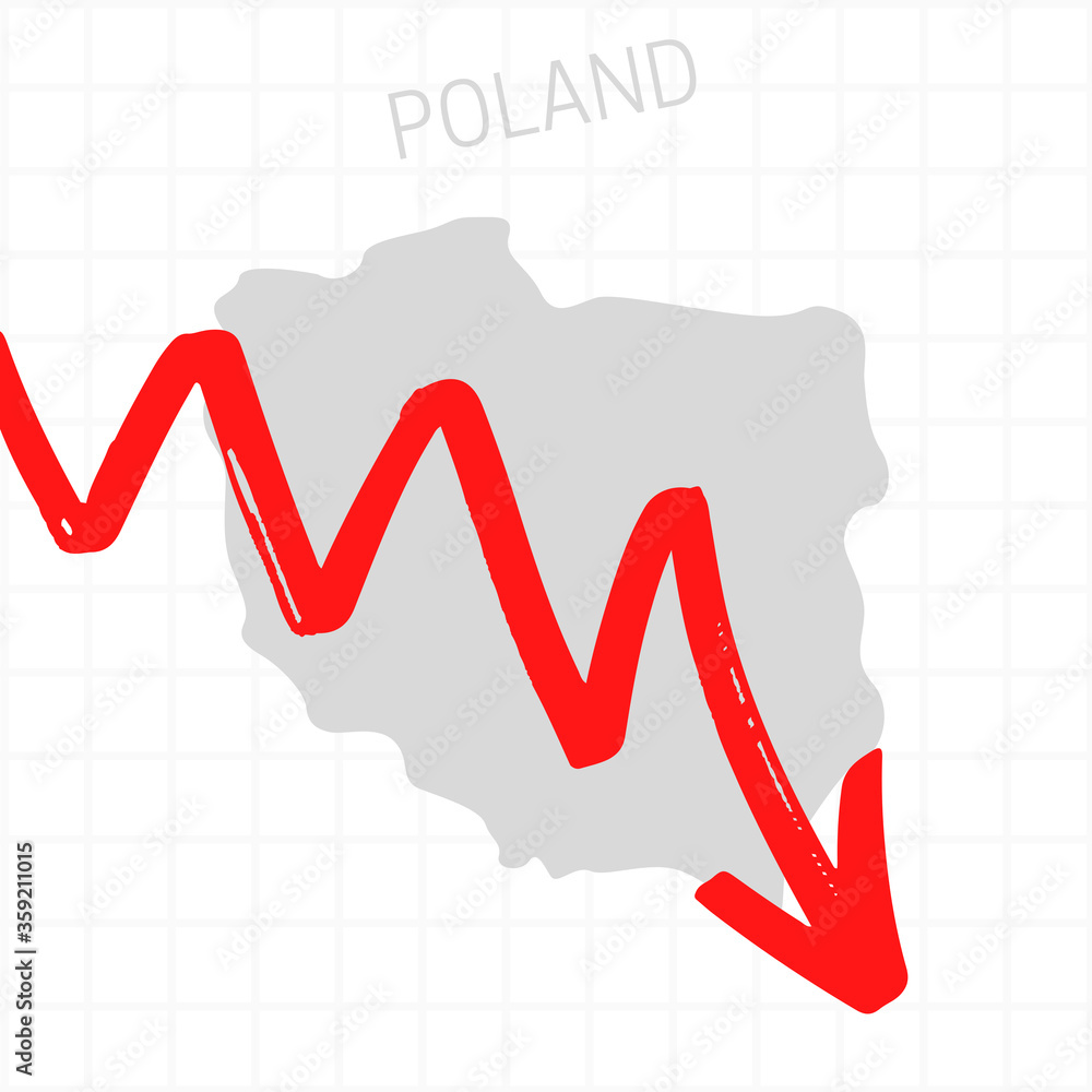Obraz premium Poland map with falling arrow. Financial stagnation, recession, crisis, business crash, stock markets down, economic collapse. Downward trend concept illustration on white background 