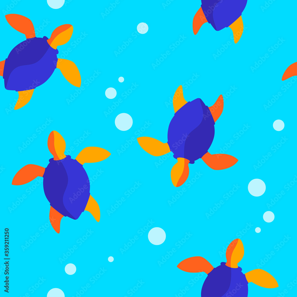 baby seamless pattern with tropical bright multi-colored turtles and bubbles. cartoon flat design. Marine theme baby seamless pattern with tropical bright multi-colored turtles and bubbles. cartoon flat design. Marine theme