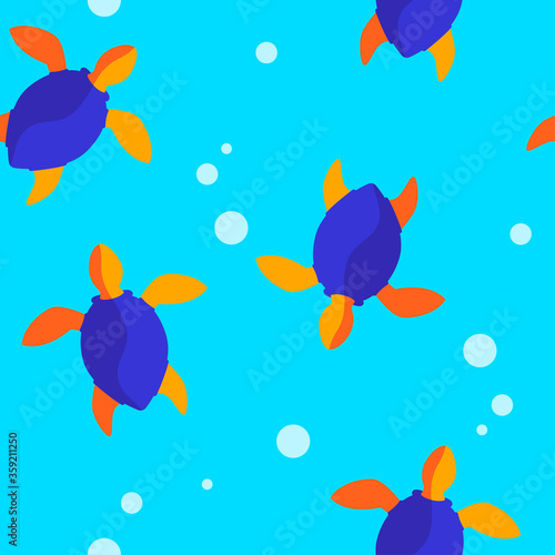 baby seamless pattern with tropical bright multi-colored turtles and bubbles. cartoon flat design. Marine theme