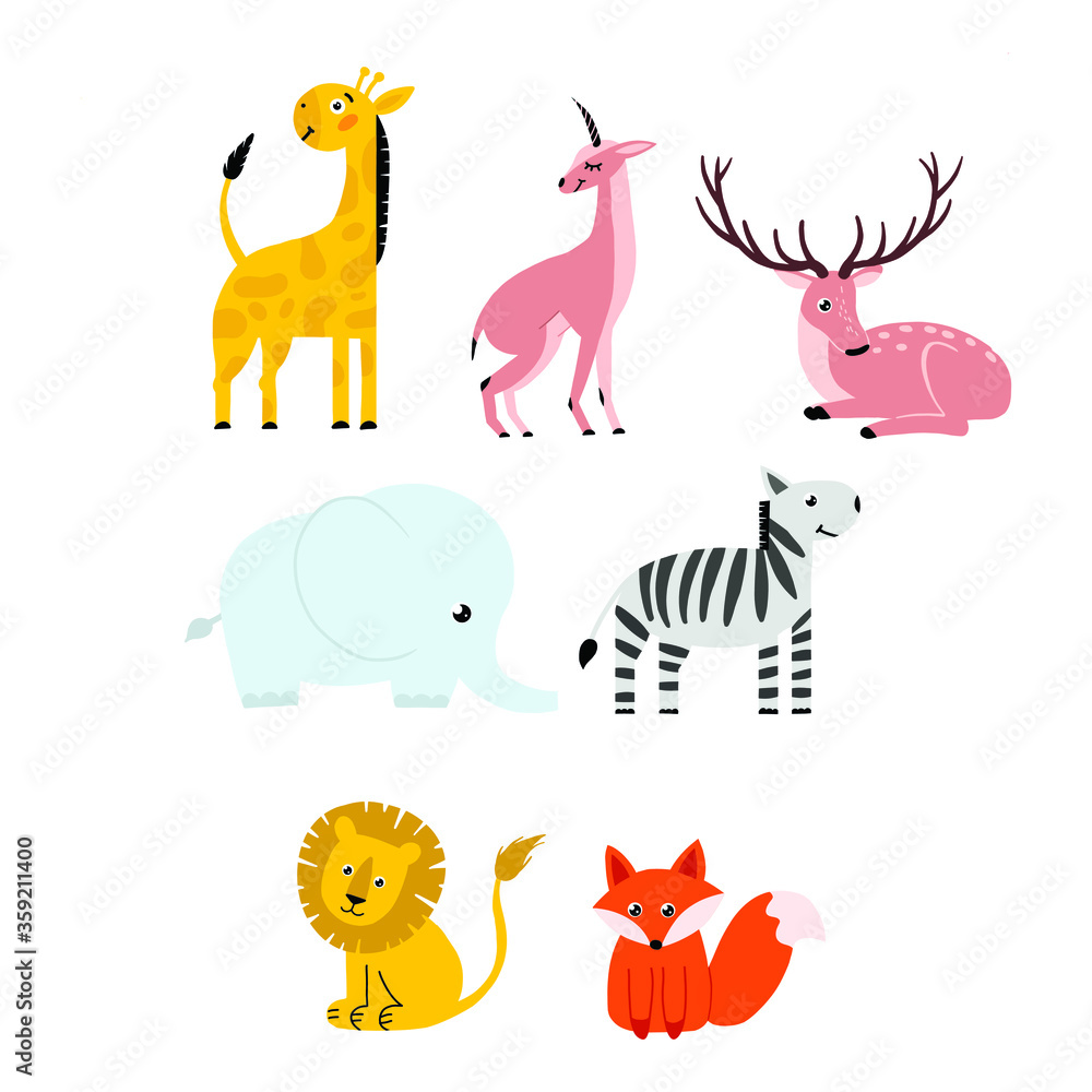 Fototapeta premium Elephant. Giraffe. Lion. Antelope. Fox Zebra. Deer. Children's and cute animal illustration. Vector graphics.