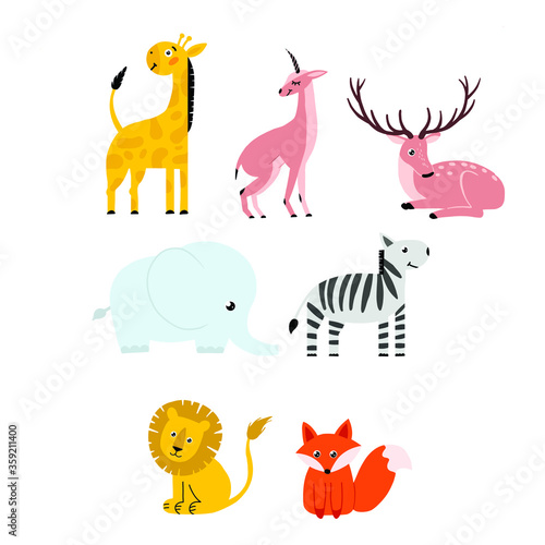 Elephant. Giraffe. Lion. Antelope. Fox Zebra. Deer. Children's and cute animal illustration. Vector graphics. © Zukhra