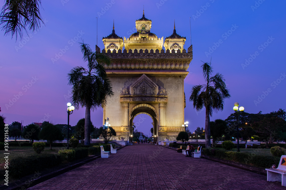 Laotian arc de triomphe at night