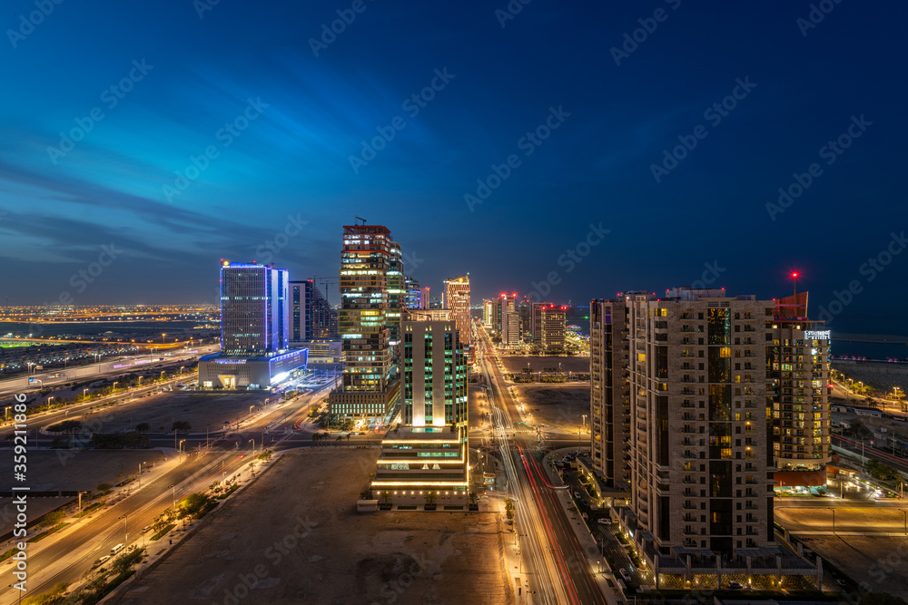 Aerial view of newly developing city of qatar. Lusail building in night