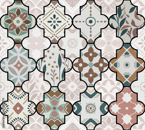 Colorful floral seamless hand drawn ornamental east pattern in patchwork boho chic style with lattice, in portuguese and moroccan motif