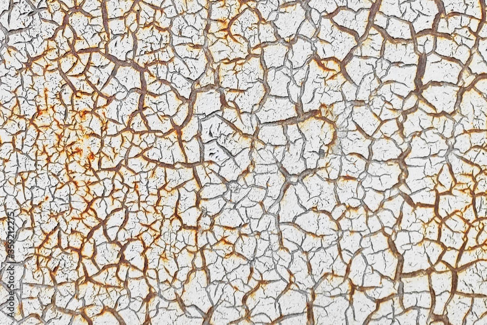 White cracked paint is applied to a rusty surface White cracked paint is applied to a rusty surface