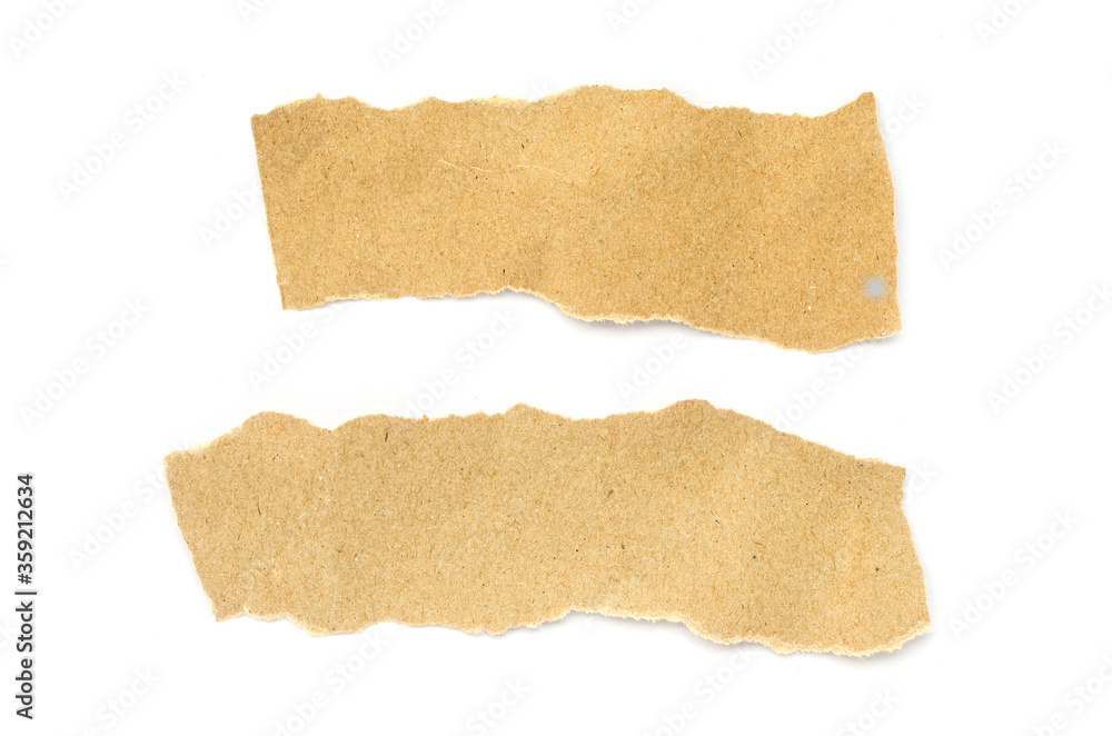 Recycled paper craft stick on a white background. Brown paper torn or ripped pieces of paper isolated on white background.	