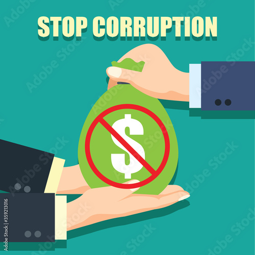 stop corruption concept businessman hand refusing corruption money, vector illustration
