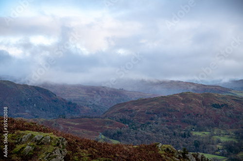 View of mountains and fells around the Langdale Valley, English Lake district, Cumbria in the winter