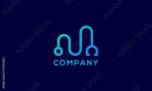 letter M stethoscope medical logo vector template.