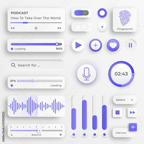 User interface elements. Sliders for websites, mobile menu, navigation and apps. White web buttons and ui sliders. Interface for video and music control. Ui icons set