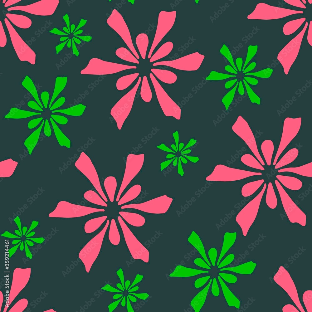 Abstract floral bright seamless pattern. Silhouette of pink flower petals on a dark gray-green background. For prints of fabrics, textile products, packaging, clothing, paper.