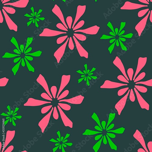 Abstract floral bright seamless pattern. Silhouette of pink flower petals on a dark gray-green background. For prints of fabrics  textile products  packaging  clothing  paper.