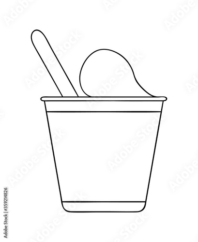 Vector line yoghurt pack icon. Hand drawn organic fresh dairy product isolated on white background. Natural food illustration. Black and white  yogurt packaging design.