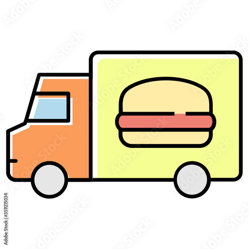 Food Van Concept, Fast Food Truck Vector Color Icon Design, Foodie and gourmet Symbol on white background, Burger on Vehicle Sign  