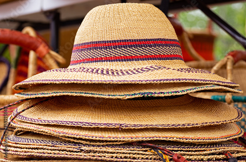 Handwoven West African Hats at an Outdoor Market