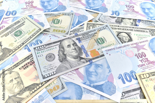 Turkish lira and American dollar background photo