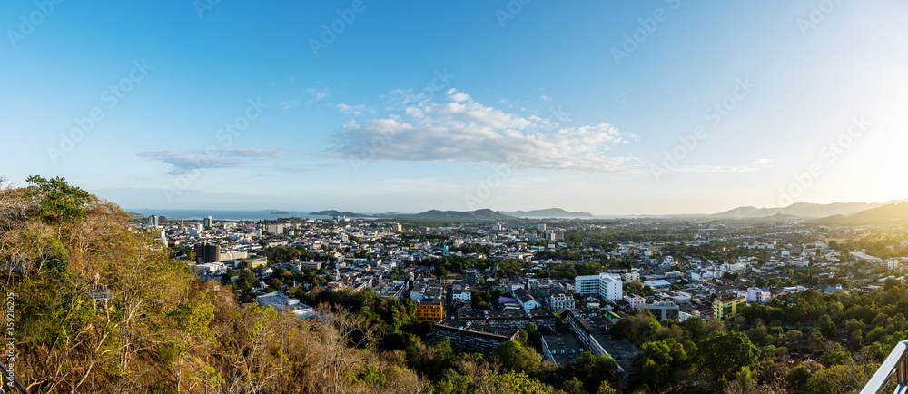 Fototapeta premium Landscape at Khao Rang Hill Park Viewpoint of Phuket city in evening, Phuket province, Thailand