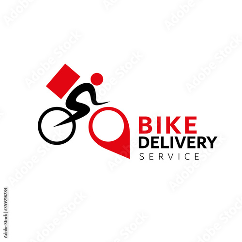 Bike delivery service logotype concept design. Map tag bike and cyclist delivery man with bag. Editable EPS vector