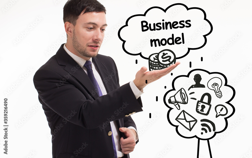 Business, technology, internet and network concept. Young businessman thinks over the steps for successful growth: Business model Business, technology, internet and network concept. Young businessman thinks over the steps for successful growth: Business model