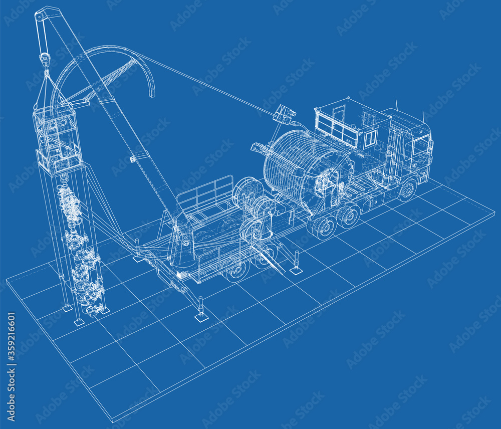 Coiled tubing Truck unit machine. The layers of visible and invisible lines are separated. EPS10 format. Wire-frame.