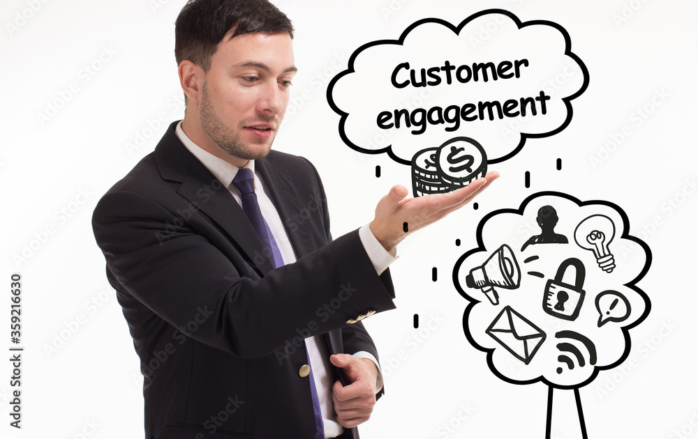 Business, technology, internet and network concept. Young businessman thinks over the steps for successful growth: Customer engagement Business, technology, internet and network concept. Young businessman thinks over the steps for successful growth: Customer engagement