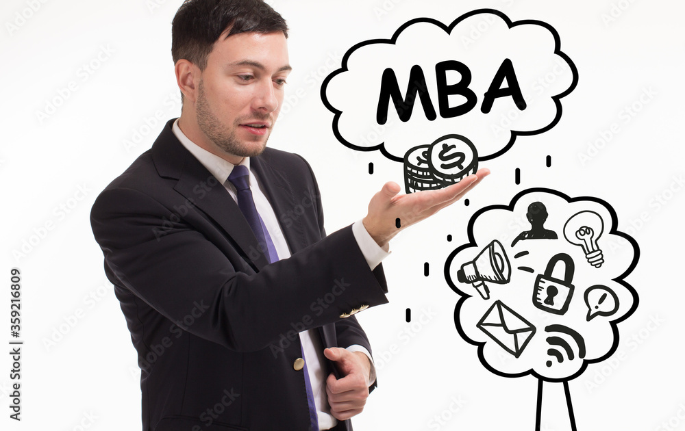 Business, technology, internet and network concept. Young businessman thinks over the steps for successful growth: MBA Business, technology, internet and network concept. Young businessman thinks over the steps for successful growth: MBA