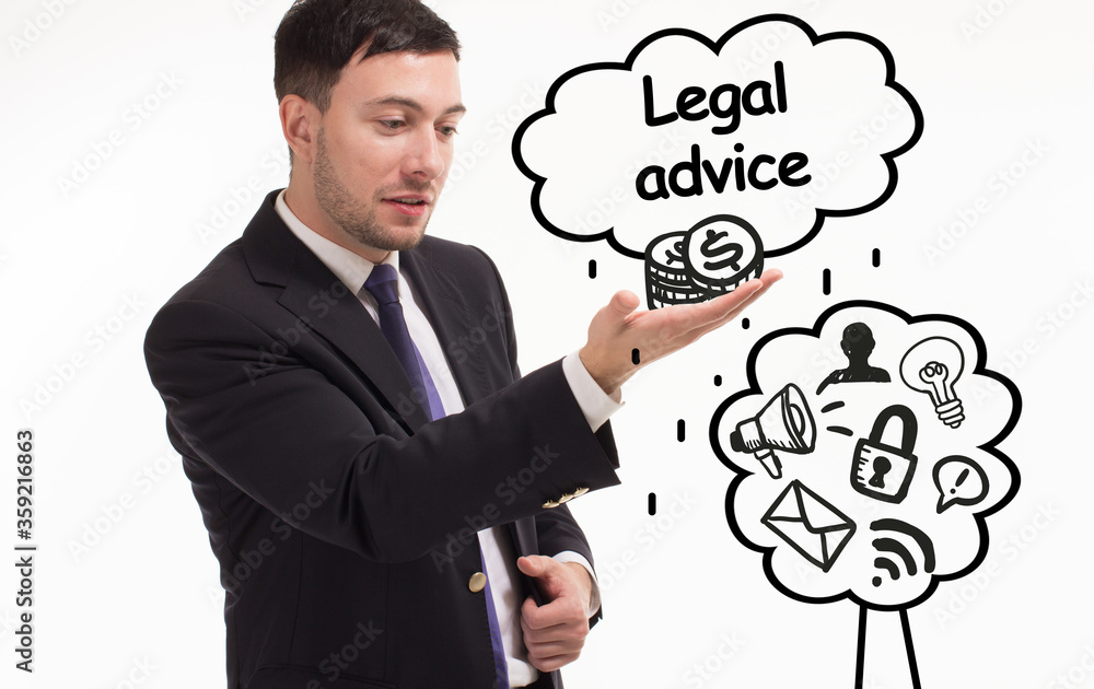 Business, technology, internet and network concept. Young businessman thinks over the steps for successful growth: Legal advice Business, technology, internet and network concept. Young businessman thinks over the steps for successful growth: Legal advice