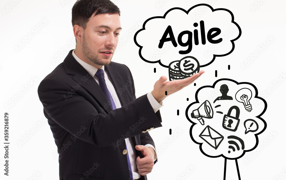 Business, technology, internet and network concept. Young businessman thinks over the steps for successful growth: Agile Business, technology, internet and network concept. Young businessman thinks over the steps for successful growth: Agile