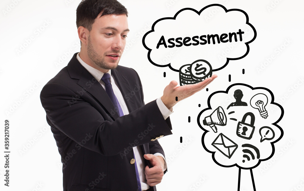 Business, technology, internet and network concept. Young businessman thinks over the steps for successful growth: Assessment Business, technology, internet and network concept. Young businessman thinks over the steps for successful growth: Assessment