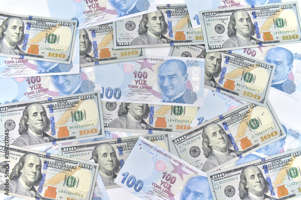 Turkish lira and American dollar background